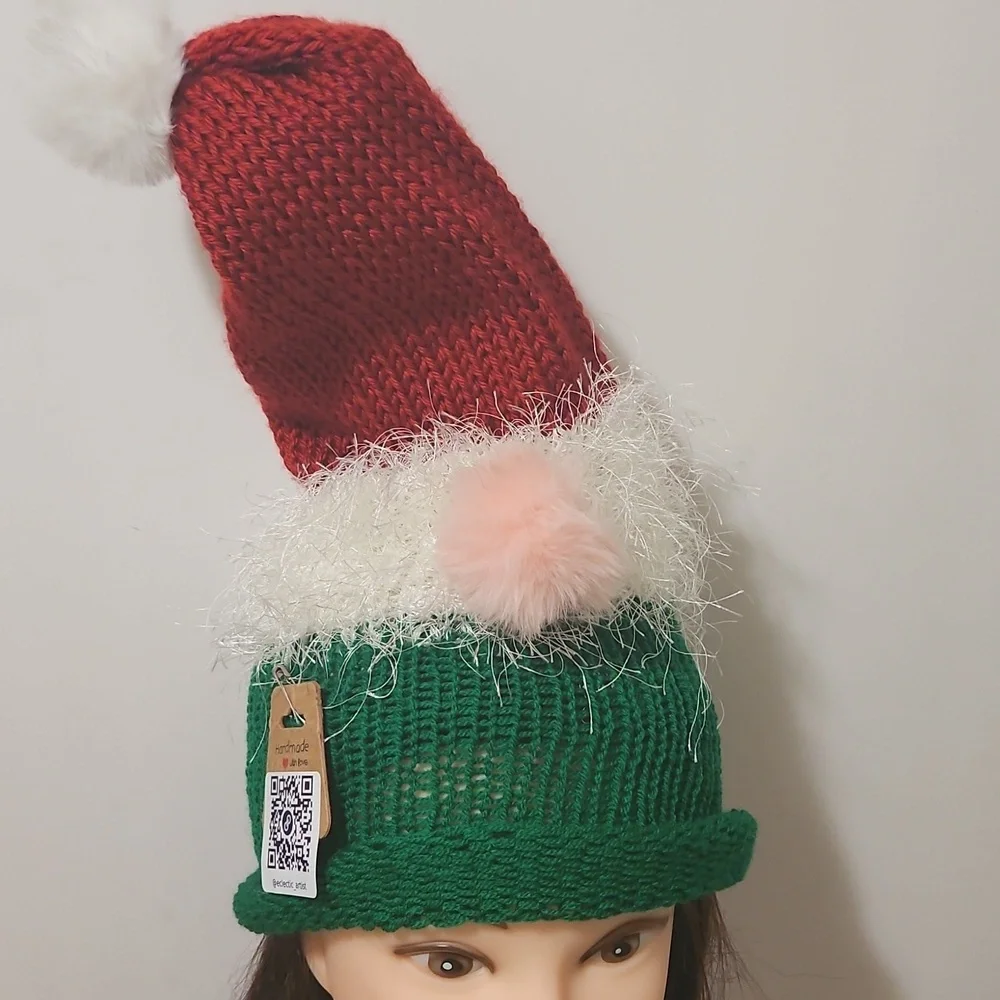 Hand Crafted Kids Festive Red Green Knit  Gnome Hat Faux Fur Beanie Hat Crochet